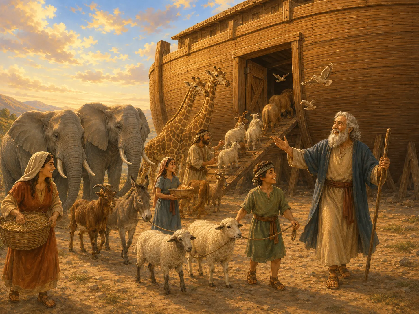 La familia de Noé guía a distintos animales hacia la puerta abierta del arca.