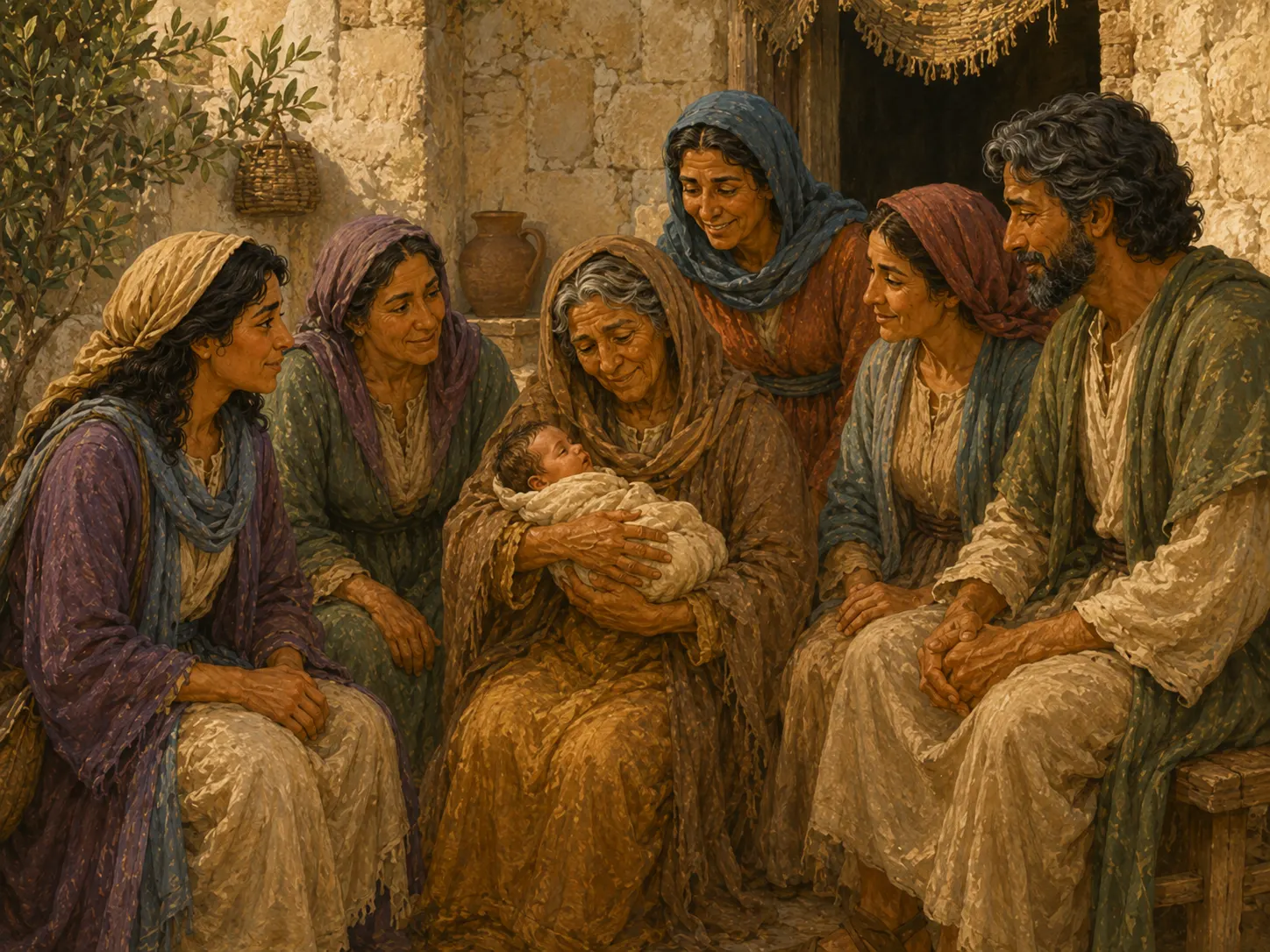Noemí sostiene con ternura al bebé Obed mientras Rut, Booz y las mujeres de Belén comparten la alegría de la familia.