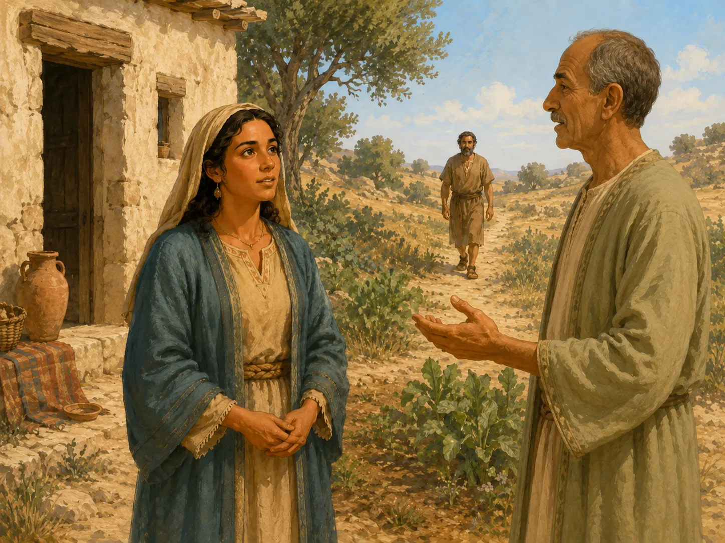 La madre de Sansón escucha al mensajero de Dios en un campo tranquilo mientras Manoa se acerca a lo lejos.