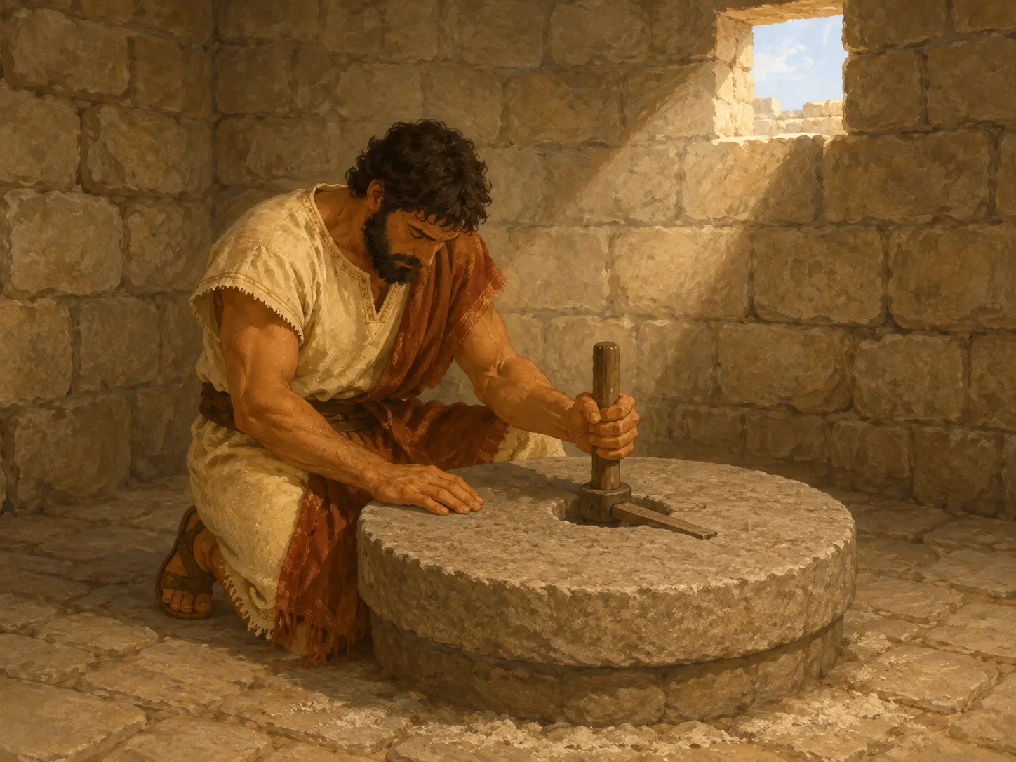 Sansón trabaja junto a una piedra de molino en la prisión, con la cabeza inclinada y el cabello que comienza a crecer de nuevo.