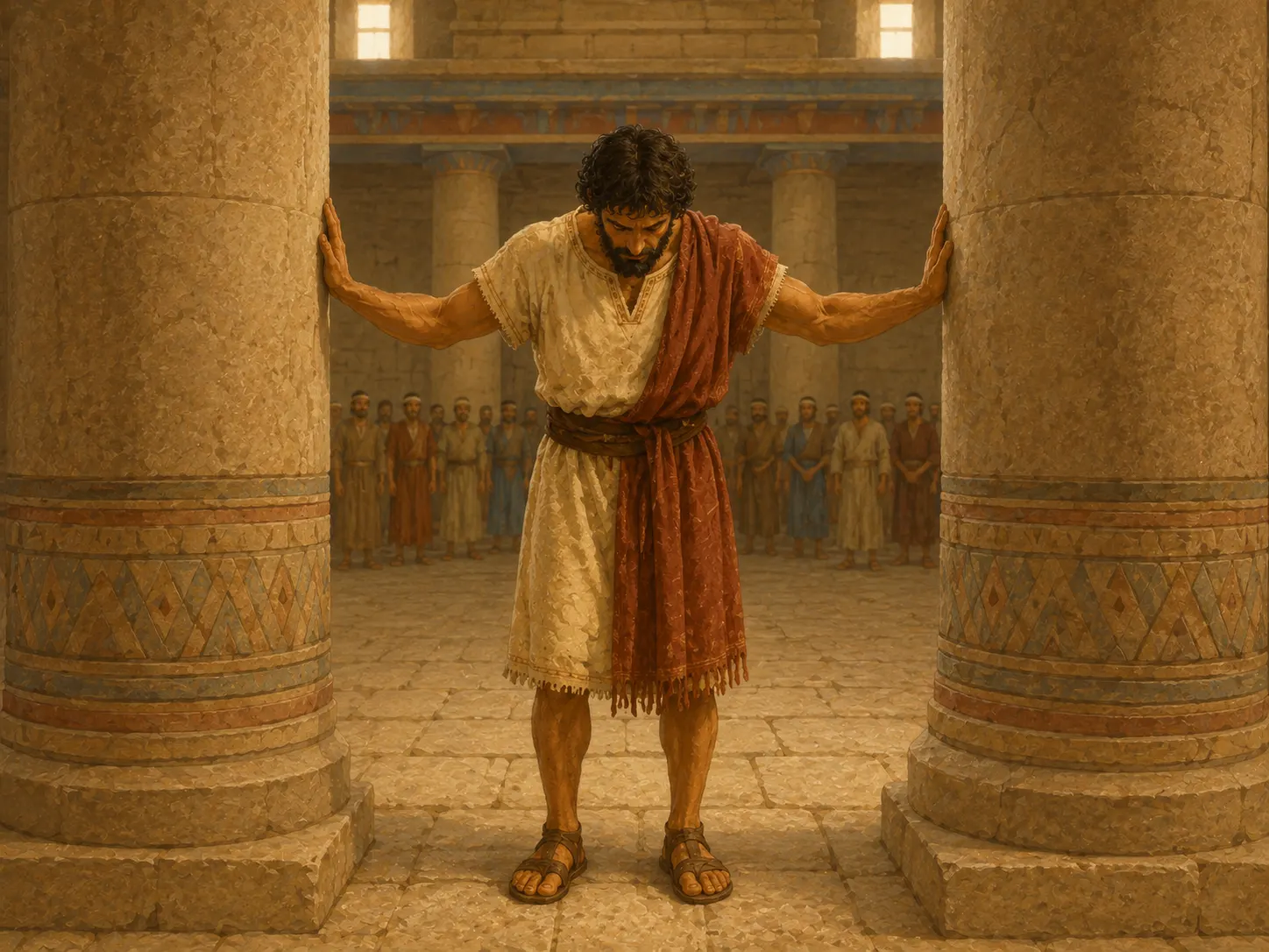 Sansón inclina la cabeza y ora mientras está de pie entre dos columnas en el templo filisteo.