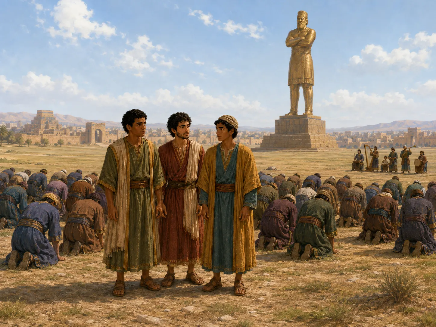 Sadrac, Mesac y Abed-nego permanecen de pie mientras la multitud se inclina ante la estatua de oro.