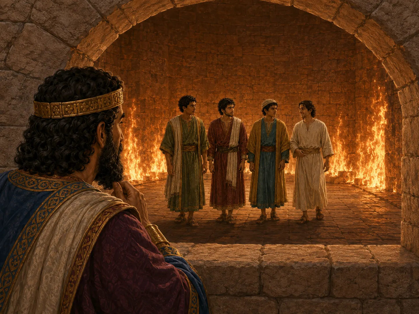 El rey Nabucodonosor ve cuatro figuras ilesas caminando dentro del horno de fuego.