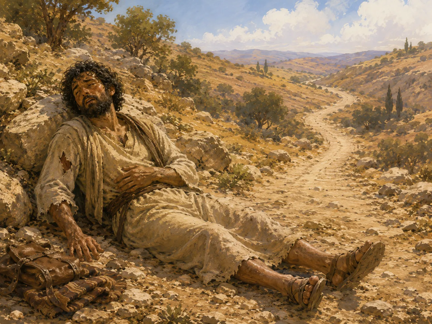 An injured traveler rests beside a rocky road after robbers have gone.