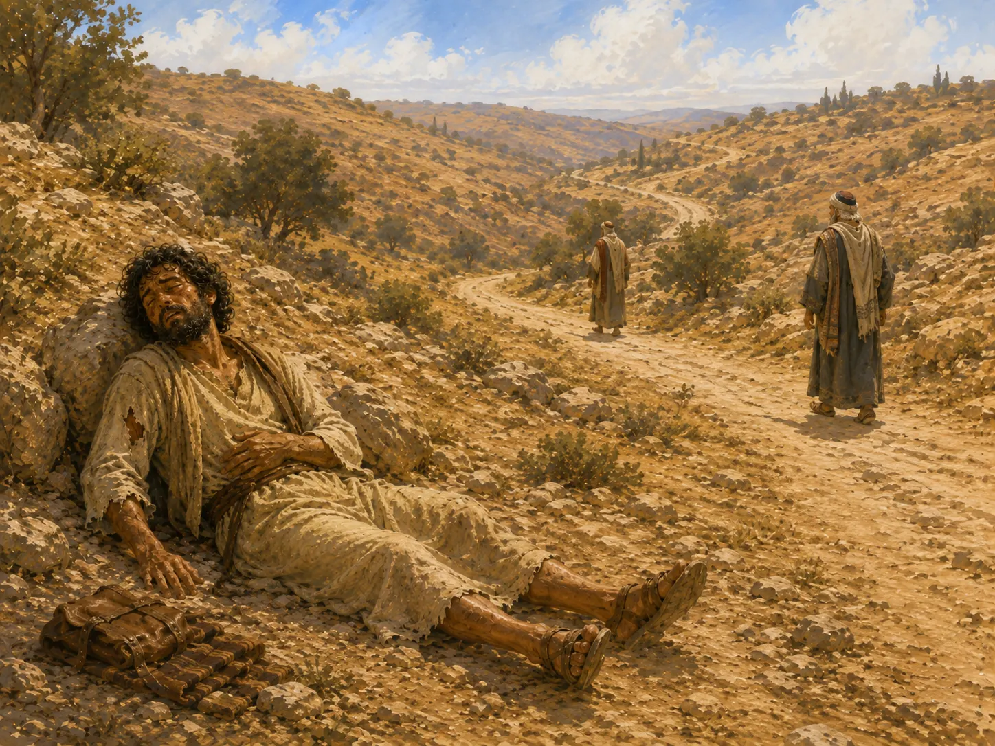 The wounded man lies beside the road while two travelers continue past at a distance.