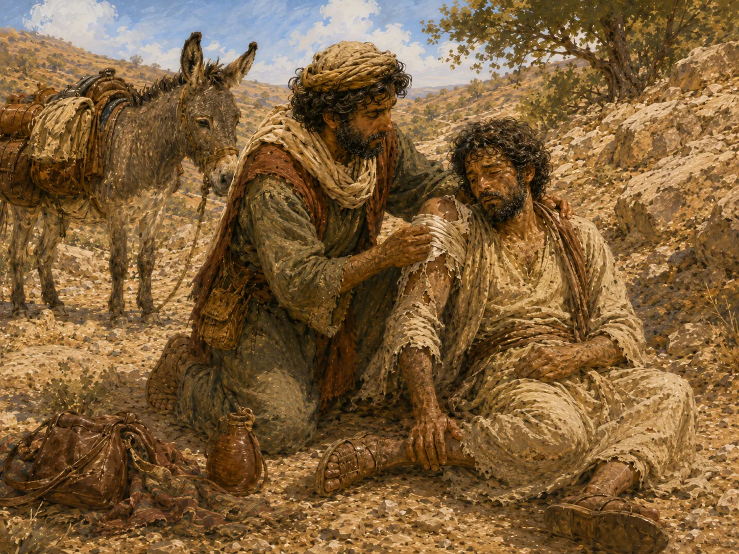 The Samaritan carefully helps the injured traveler while a donkey waits beside the road.