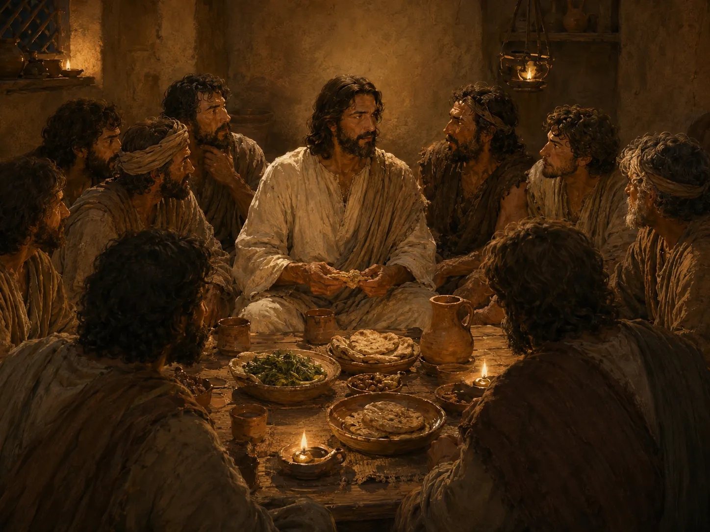 Jesus and His disciples gather closely around a low table for the Passover meal.