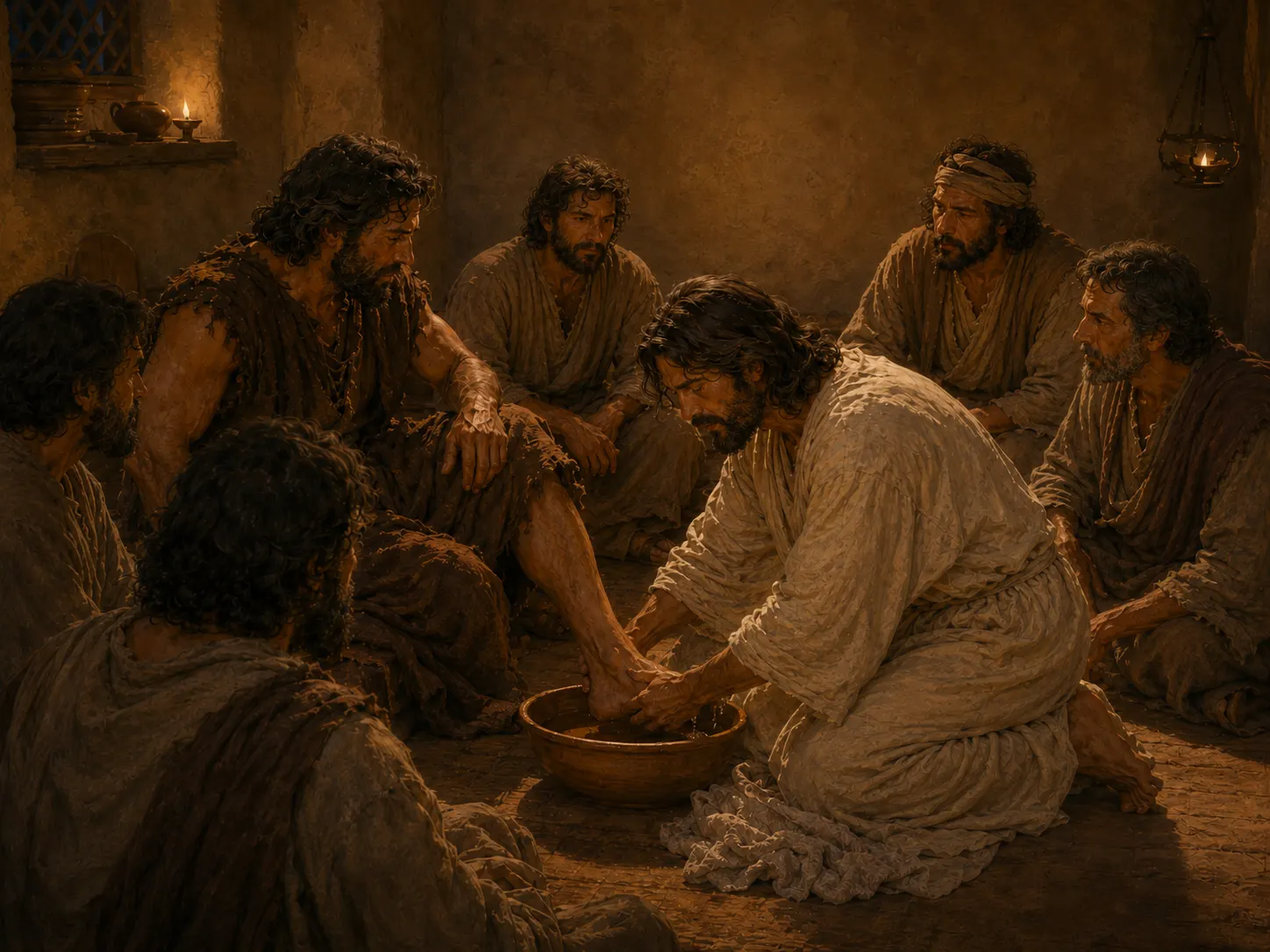 Jesus kneels with a basin and towel as He washes a disciple's feet while the others watch.
