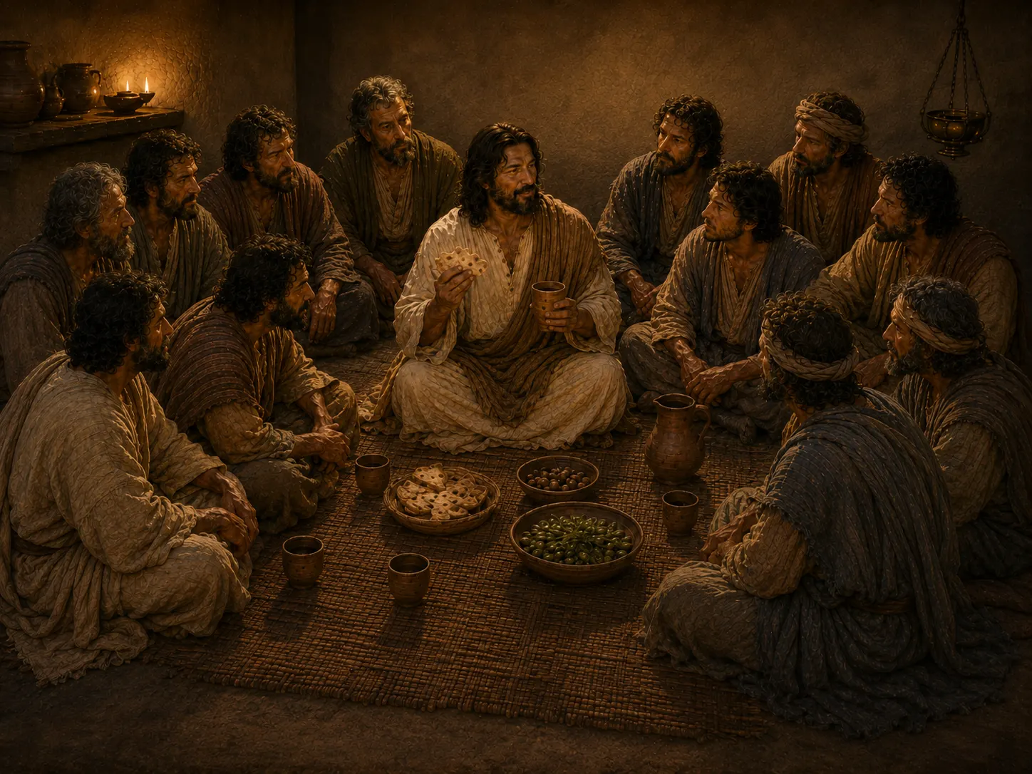 Jesus holds bread while His disciples listen around the table, with a simple cup nearby.