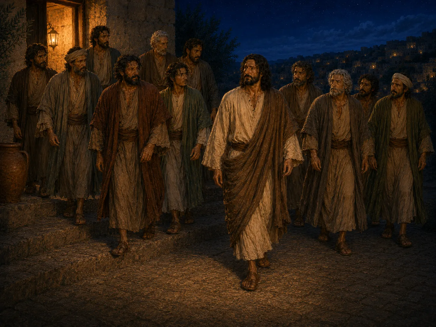 Jesus leads His disciples from the house into the Jerusalem night after their final meal together.