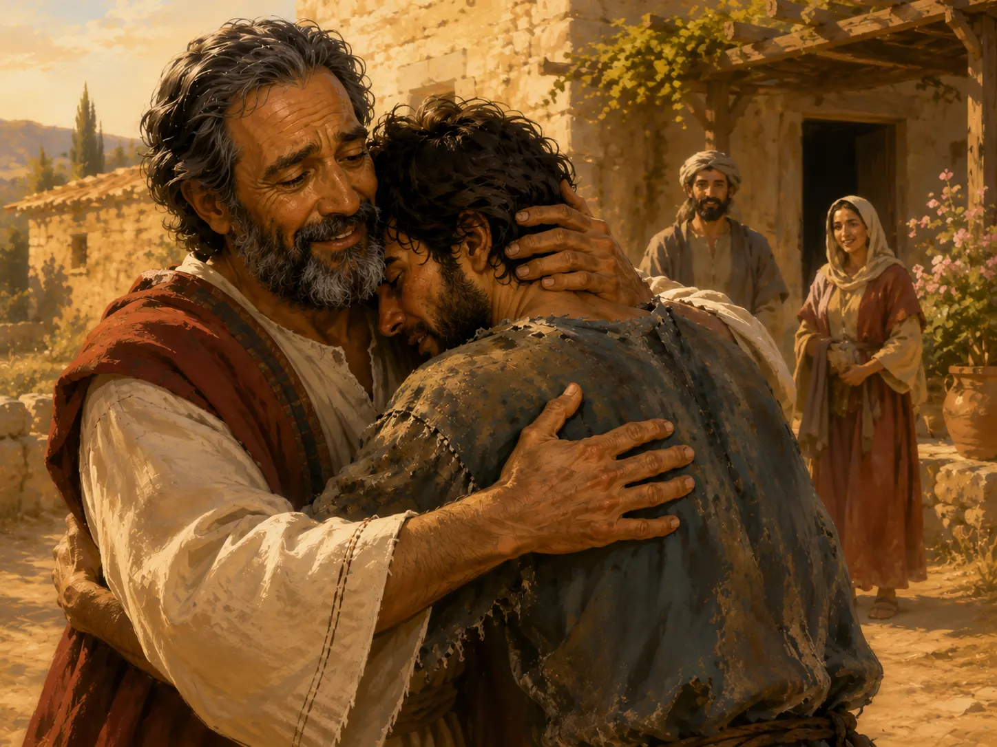 El padre abraza a su hijo polvoriento que regresa mientras los siervos de la casa observan cerca.
