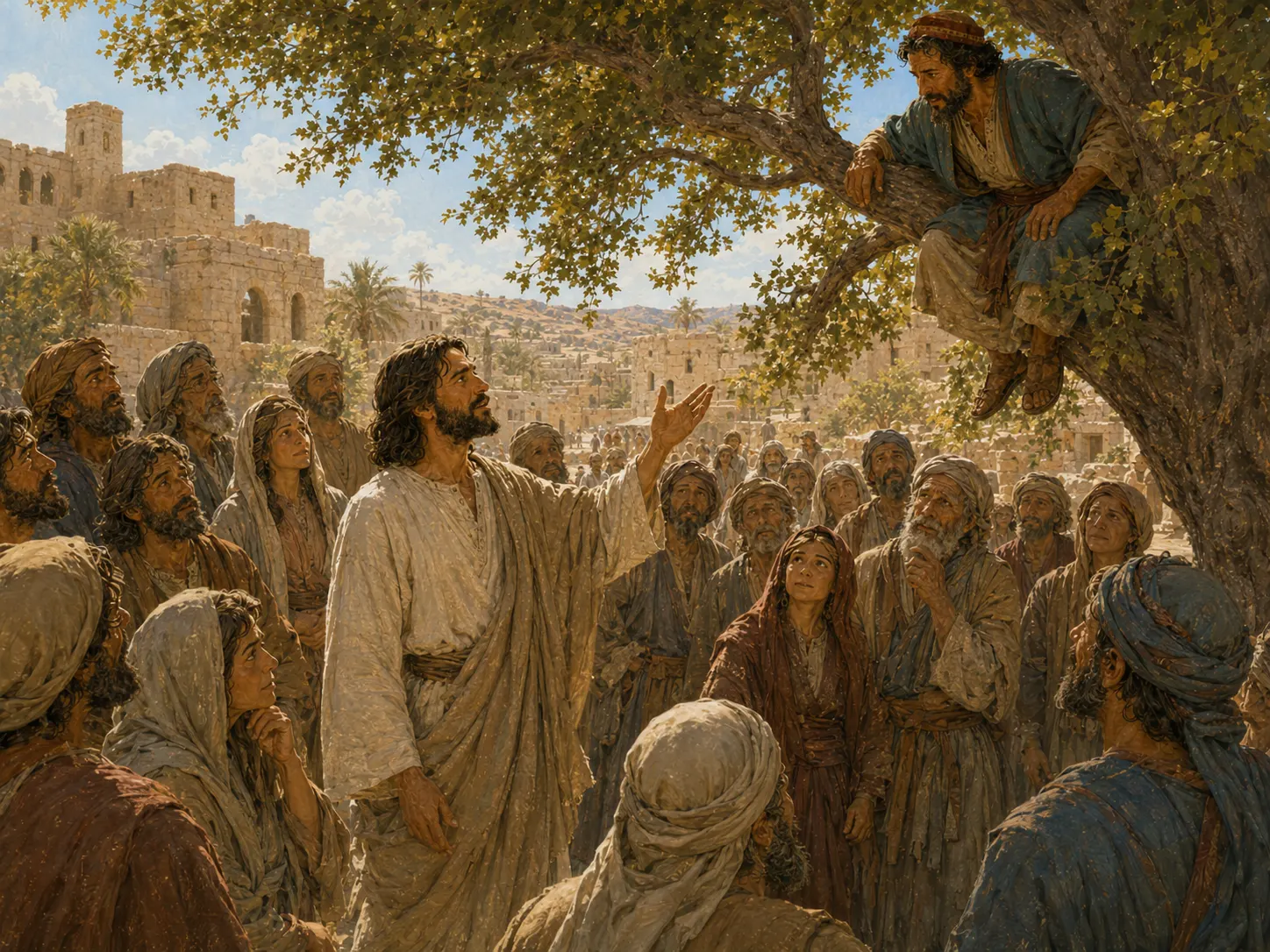 Jesus stands beneath the tree and speaks to Zacchaeus while the crowd watches.