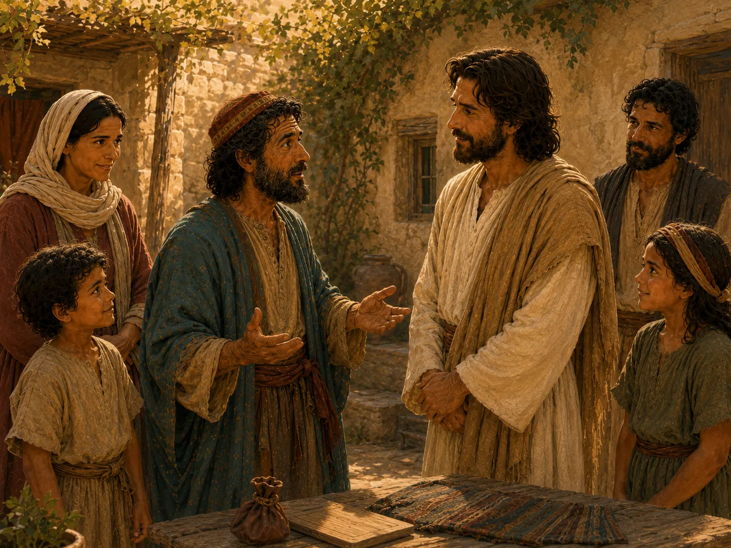 Zacchaeus speaks earnestly to Jesus while household members and a few neighbors listen.