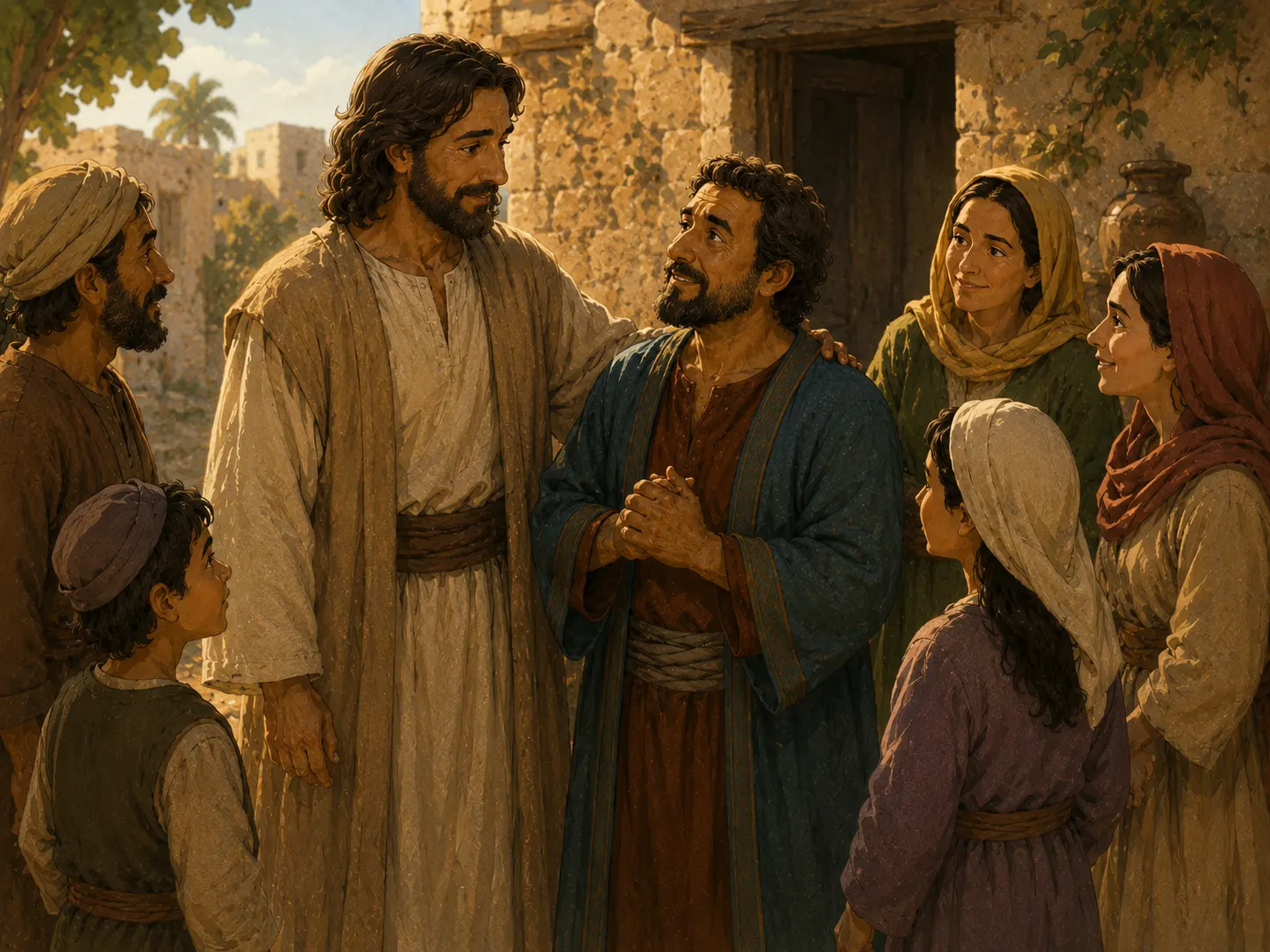 Jesus and Zacchaeus stand together near his home while others listen quietly.