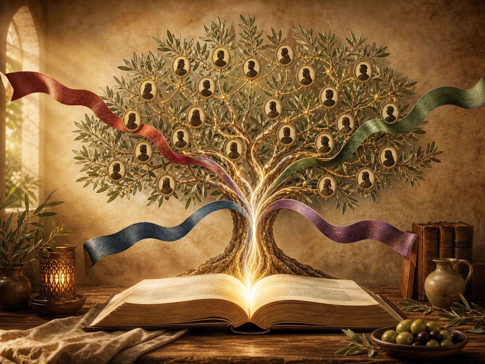 A family tree of Bible figures growing from an open Bible, its branches full of portraits and its four Gospel ribbons unfurling